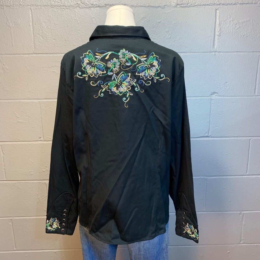Roper Western Shirt Black Embroidered Floral Pearl Snap Long Sleeve Women's XL - Picture 5 of 8